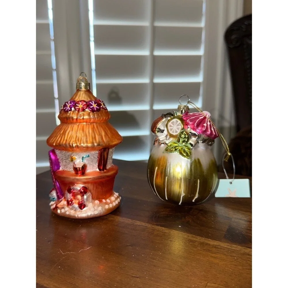 Tropical Beach Hut & Tiki Bar Glass Ornaments Set Holiday Christmas xmas